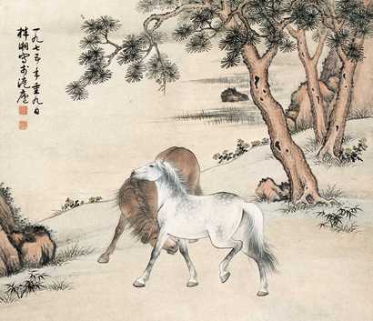 殷梓湘 双骏图 立轴